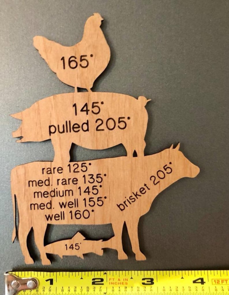 May include: Wooden cutouts of a chicken, pig, and cow with internal temperature guidelines for cooking. The chicken is labelled 165 degrees, the pig is labelled 145 degrees and pulled 205 degrees, and the cow is labelled rare 125 degrees, med. rare 135 degrees, medium 145 degrees, med. well 155 degrees, well 160 degrees, and brisket 205 degrees. A fish cutout is labelled 145 degrees.