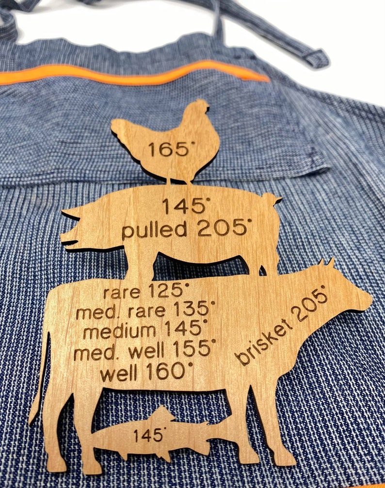 May include: Wooden cutouts of a chicken, pig, cow, and fish with internal temperatures for cooking. The chicken is 165 degrees, the pig is 145 degrees pulled 205 degrees, the cow is rare 125 degrees, med rare 135 degrees, medium 145 degrees, med well 155 degrees, well 160 degrees, brisket 205 degrees, and the fish is 145 degrees.