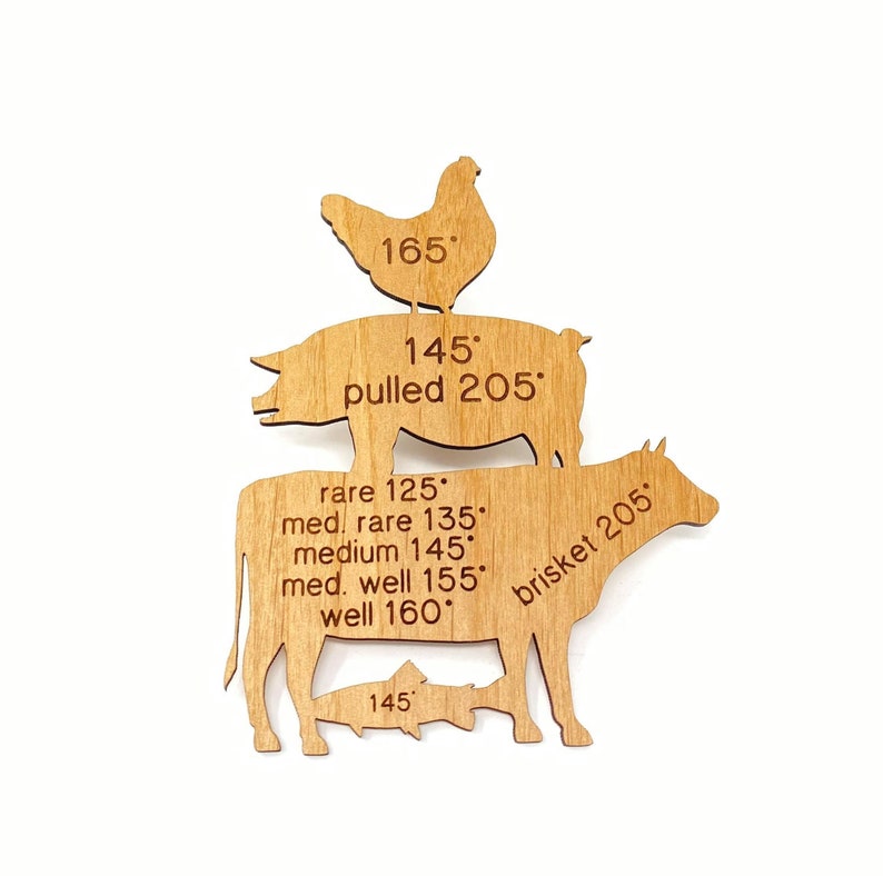 May include: Wooden cutout of a chicken, pig, cow, and fish with internal temperature guidelines for cooking. The chicken is on top of the pig, the pig is on top of the cow, and the fish is below the cow. The text includes the internal temperature for rare, medium rare, medium, and well done for each animal. The text also includes the internal temperature for pulled pork and brisket.