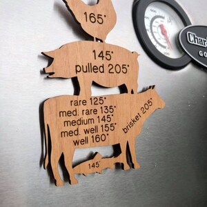 May include: Wooden cutouts of a chicken, pig, cow, and fish with internal temperature guidelines for cooking. The chicken cutout has a temperature of 165 degrees Fahrenheit. The pig cutout has a temperature of 145 degrees Fahrenheit and a pulled temperature of 205 degrees Fahrenheit. The cow cutout has a temperature range of 125 to 160 degrees Fahrenheit for different levels of doneness. The fish cutout has a temperature of 145 degrees Fahrenheit. The cow cutout also has the text "brisket 205" written on it.
