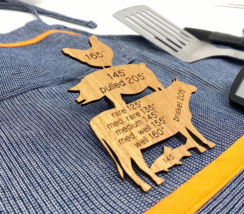May include: Wooden kitchen tool with the silhouettes of a chicken, pig, and cow. The tool is labelled with different internal temperatures for cooking meat, including "pulled 205", "brisket 205", and "rare 125".