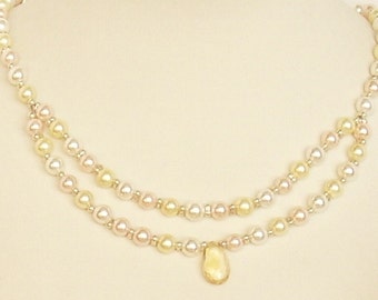 Collier Perles Collier Bijoux De Mariée Crème Rose Coquille Blanche Noyau Perles Citrine Gouttes Célébration de Mariage Célébration Double Rangée Unique Unique