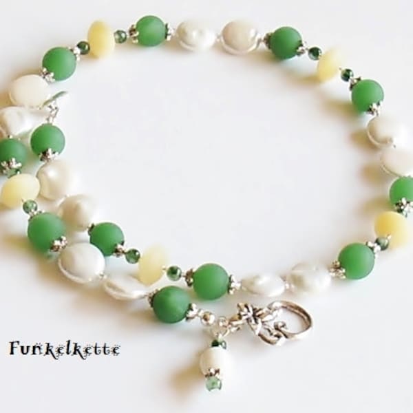 Ketting groen wit gele ketting parel ketting Edelsteen ketting wit groen gele Agaat zoet water kralen zilver verguld Beaded caps aragoniet rondelle