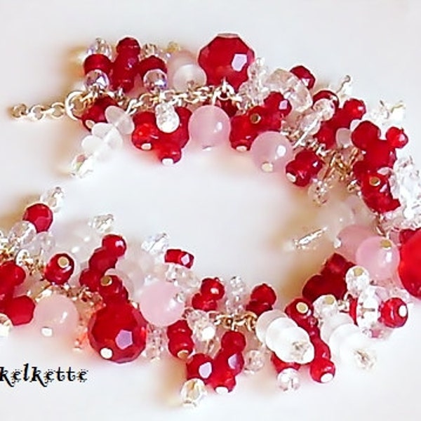 Armband rot rosa weiß  Armschmuck Perlenarmband Edelsteine Glasperlen verschiedene Perlen üppiges Armband  toller Hingucker