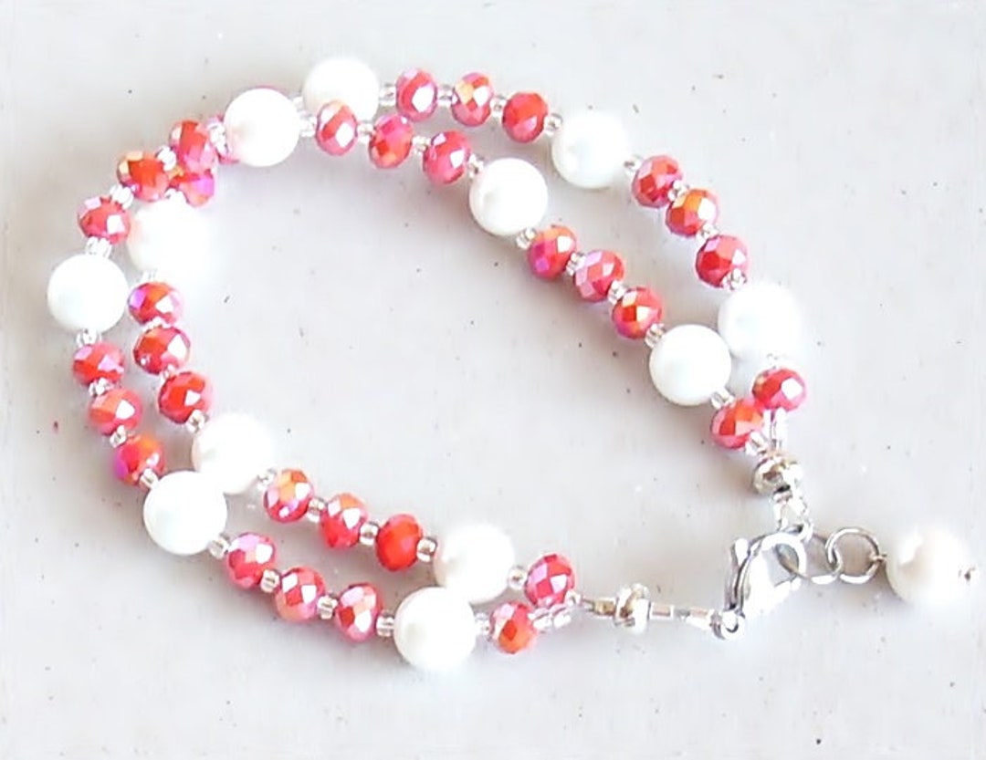 Bracelet Threaded in Two Rows Red and White Bracelet Red and White