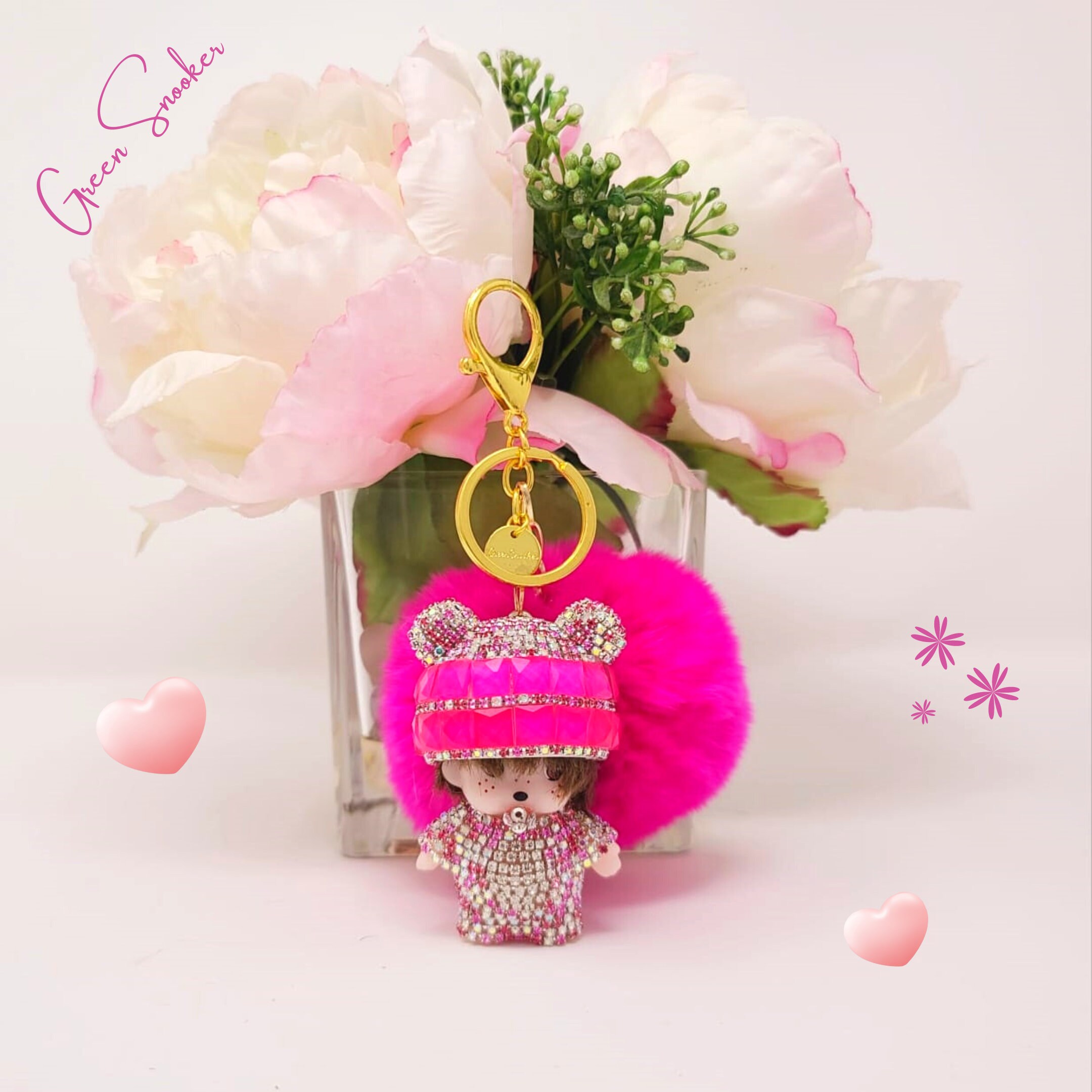Monchichi Rhinestone Keychain, Fuchsia Fur Pompom, Bag Charm - Etsy