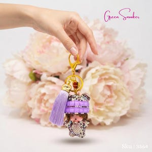 Rhinestone Monchichi Keychain, Lavender Tassel, Bag Charm