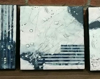 Encaustic Abstract Painting in Navy Blue & White, Mixed Media Art, 3D Artwork, Textured Painting, Encaustic Art, Original Abstract Painting