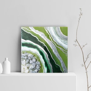 Original Geode Art with Natural Crystals in Green & Silver for Luxury Home Decor