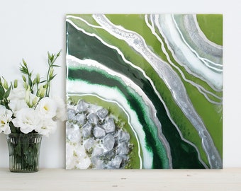 Original Geode Wall Art in Green & Silver, Geode Art, Geode Painting, Crystal Painting, Resin Wall Art, Original Artwork, Luxury Home Decor