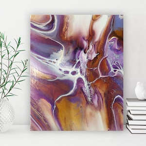 Original Abstract Floral Painting in Purple, Unique Handmade Fluid Painting for Modern Home Wall Decor Wall Art