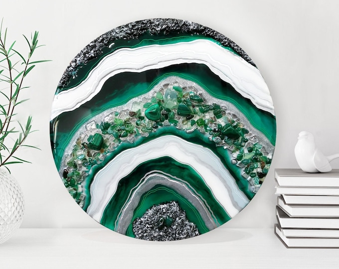 Featured listing image: Original Emerald Green & Silver Geode Art, Geode Painting, Crystal Wall Art, Round Geode Art, Resin Wall Art, Green Home Decor