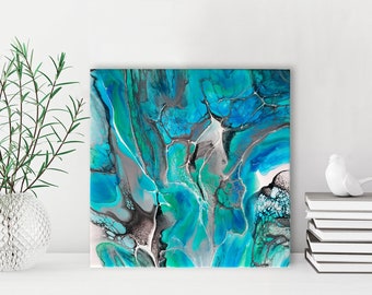 Fluid Art Painting Original, Abstract Ocean Water Painting, Turquoise Wall Art, Blue Abstract Painting, Coastal Wall Decor