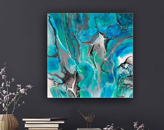 Original abstraktes handgemachtes flüssiges Bild auf Leinwand für modernes Wohndekor 30 x 30 cm