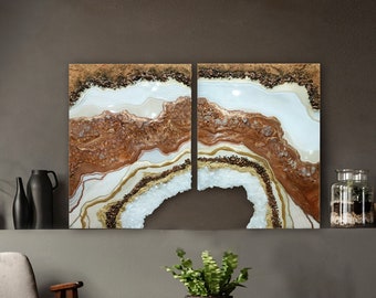 Original Geode Art, Geode Painting, Crystal Wall Art, Geode Art Set of Two Paintings, Resin Wall Art, Abstract Art, Geode Wall Art in Copper