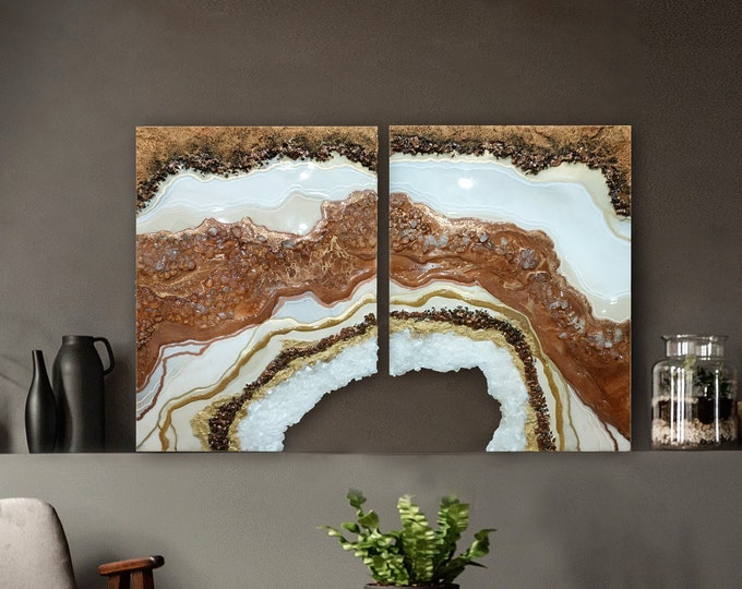 Featured listing image: Original Geode Art, Geode Painting, Crystal Wall Art, Geode Art Set of Two Paintings, Resin Wall Art, Abstract Art, Geode Wall Art in Copper