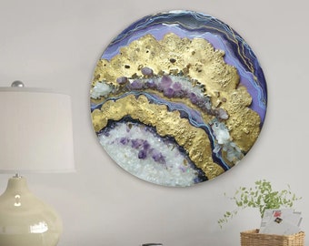 Geode Painting with Amethyst Crystals, Geode Art in Purple & Gold, Geode Wall Art, Round Wall Art, Crystal Painting, Resin Geode, Resin Art