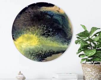 Original Abstract Resin Painting in Black and Yellow, Resin Art, Round Wall Art, Resin Wall Art, Galaxy Painting