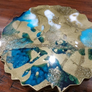 Resin Coasters in Gold & Turquoise, Geode Coasters Set of 2, Agate Coaster, Turquoise Coasters, Handmade Resin Coasters, Resin Art image 8