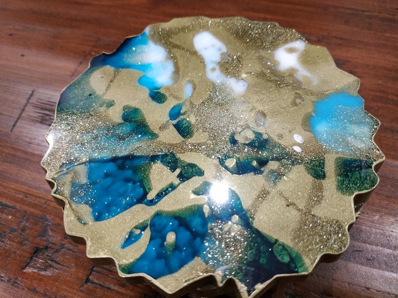 Resin Coasters in Gold & Turquoise, Geode Coasters Set of 2, Agate Coaster, Turquoise Coasters, Handmade Resin Coasters, Resin Art image 8