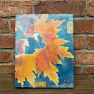 Pintura abstrata original em mídia mista em laranja e azul feita à mão para decoração de casa moderna
