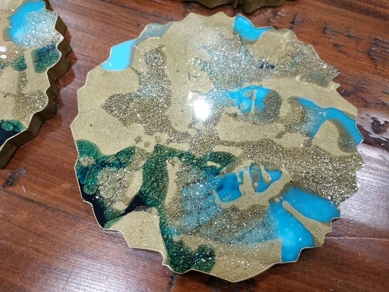 Resin Coasters in Gold & Turquoise, Geode Coasters Set of 2, Agate Coaster, Turquoise Coasters, Handmade Resin Coasters, Resin Art image 6