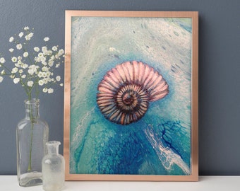 Reserved for Etsy Design Awards. Original Abstract Ocean Painting with Seashell, Fluid Painting, Modern Coastal Home Decor, Sea Fantasy Art