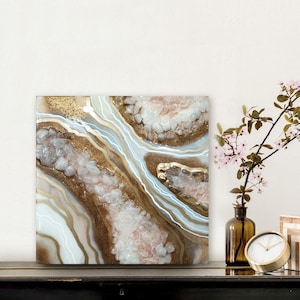 Original Geode Art in Soft Pink and Rose Gold, Handmade Unique Resin Wall Art with Natural Cystals for Luxury Home Decor