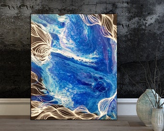 Blue Painting with Line Drawing, Original Abstract Painting, Fluid Painting, Zen Wall Art, Blue Abstract Painting, Blue Wall Art