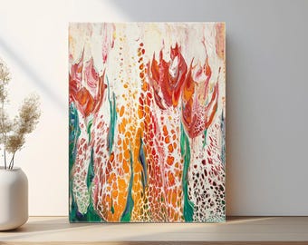 Original Abstract Floral Painting with Red Tulips Handmade for Modern Home Decor 9" x 12"