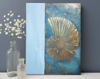 Abstract Painting with Seashell, Metal Art, Original Resin and Metal Artwork, Resin Art, Metal Wall Art, Coastal Home Decor, Sea Fantasy Art