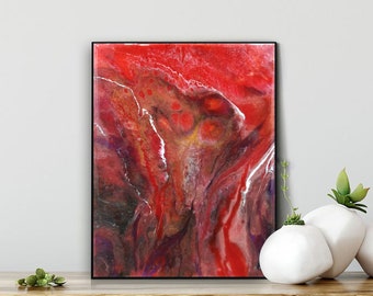 Original Abstract Minimalist Red Resin Painting, Modern Home Decor Art