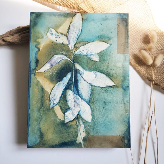 Original Botanical Cyanotype and Mixed Media Collage Handmade for Modern Home Decor