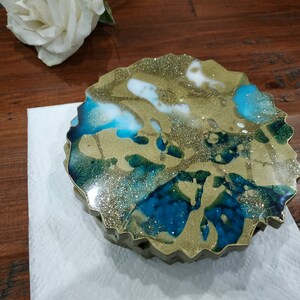 Resin Coasters in Gold & Turquoise, Geode Coasters Set of 2, Agate Coaster, Turquoise Coasters, Handmade Resin Coasters, Resin Art image 4