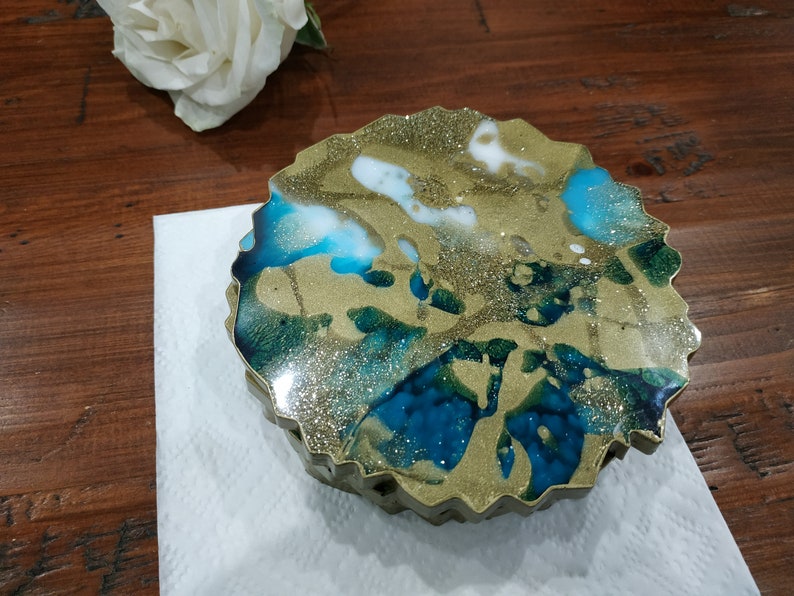 Resin Coasters in Gold & Turquoise, Geode Coasters Set of 2, Agate Coaster, Turquoise Coasters, Handmade Resin Coasters, Resin Art image 4