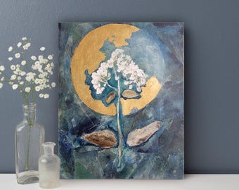 Originelle Mixed-Media-Collage-Kunst mit handgefertigter floraler Cyanotypie für moderne Wohndekoration