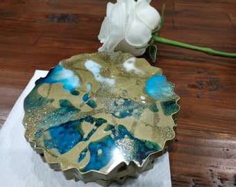 Resin Coasters in Gold & Turquoise, Geode Coasters Set of 2, Agate Coaster, Turquoise Coasters, Handmade Resin Coasters, Resin Art