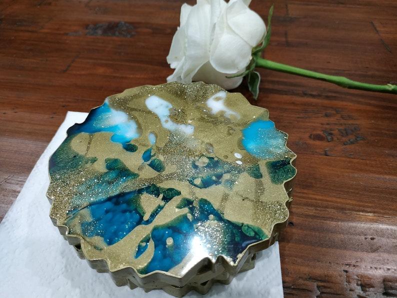 Resin Coasters in Gold & Turquoise, Geode Coasters Set of 2, Agate Coaster, Turquoise Coasters, Handmade Resin Coasters, Resin Art image 1