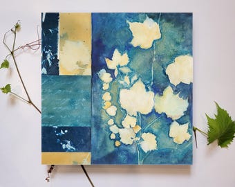 Original botanische Cyanotypie-Collage in Handarbeit für das moderne Wohndekor