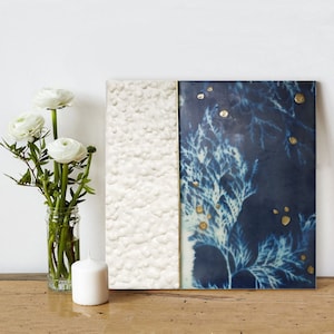 Original Textured Handmade Encaustic and Mixed Media Painting with Botanical Cyanotype Art for Modern Home Decor