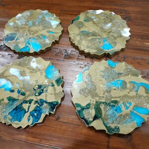 Resin Coasters in Gold & Turquoise, Geode Coasters Set of 2, Agate Coaster, Turquoise Coasters, Handmade Resin Coasters, Resin Art image 2