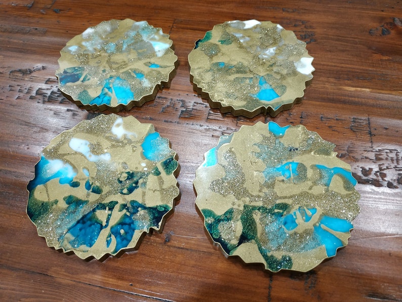 Resin Coasters in Gold & Turquoise, Geode Coasters Set of 2, Agate Coaster, Turquoise Coasters, Handmade Resin Coasters, Resin Art image 2