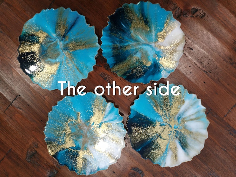 Resin Coasters in Gold & Turquoise, Geode Coasters Set of 2, Agate Coaster, Turquoise Coasters, Handmade Resin Coasters, Resin Art image 3