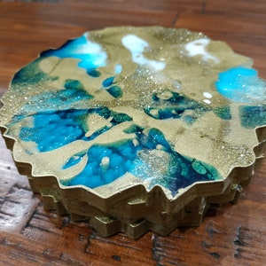 Resin Coasters in Gold & Turquoise, Geode Coasters Set of 2, Agate Coaster, Turquoise Coasters, Handmade Resin Coasters, Resin Art image 5