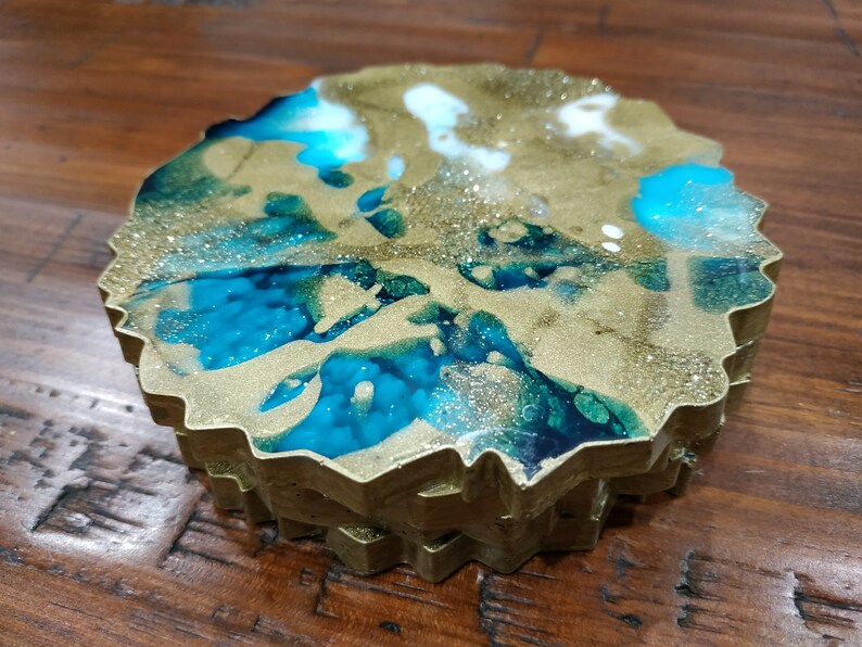 Resin Coasters in Gold & Turquoise, Geode Coasters Set of 2, Agate Coaster, Turquoise Coasters, Handmade Resin Coasters, Resin Art image 5