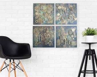 Steampunk Wall Art, Original Textured Painting, Steampunk Painting, Industrial Wall Art, Loft Decor, Steampunk Decor, Modern Home Decor