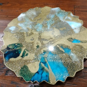 Resin Coasters in Gold & Turquoise, Geode Coasters Set of 2, Agate Coaster, Turquoise Coasters, Handmade Resin Coasters, Resin Art image 9