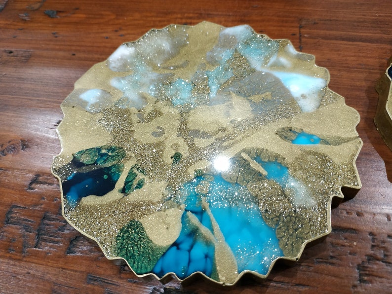 Resin Coasters in Gold & Turquoise, Geode Coasters Set of 2, Agate Coaster, Turquoise Coasters, Handmade Resin Coasters, Resin Art image 9