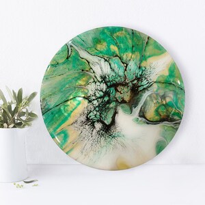 Original Abstract Painting in Green, Unique Handmade Round Wall Art for Modern Home Decor