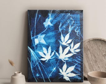 Ursprüngliche botanische Cyanotypie-Collage-Kunst, handgefertigt für modernes Wohndekor